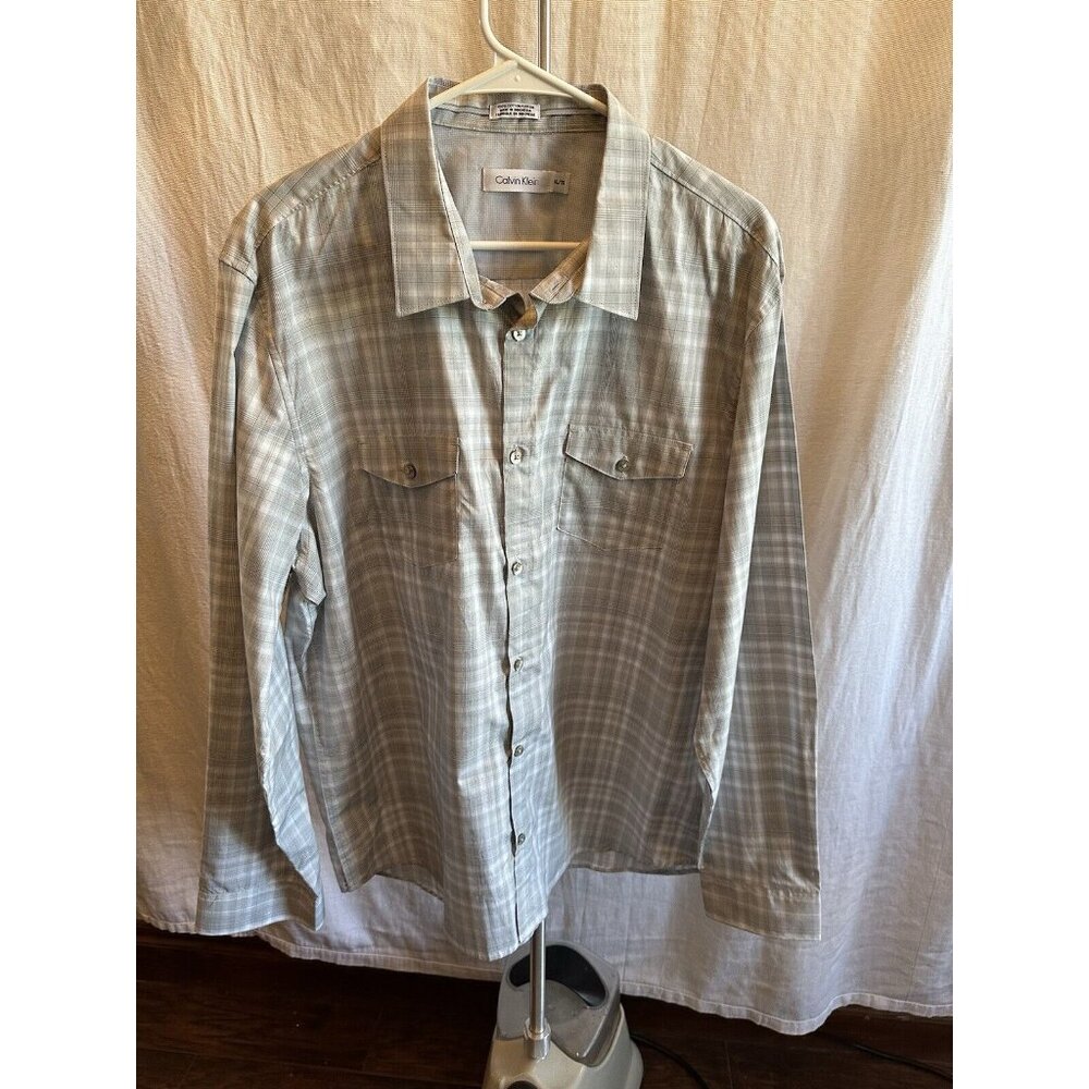 Calvin Klein Liquid Cotton Long Sleeve Button Down Shirt‎ Grey Gray Plaid Pocket